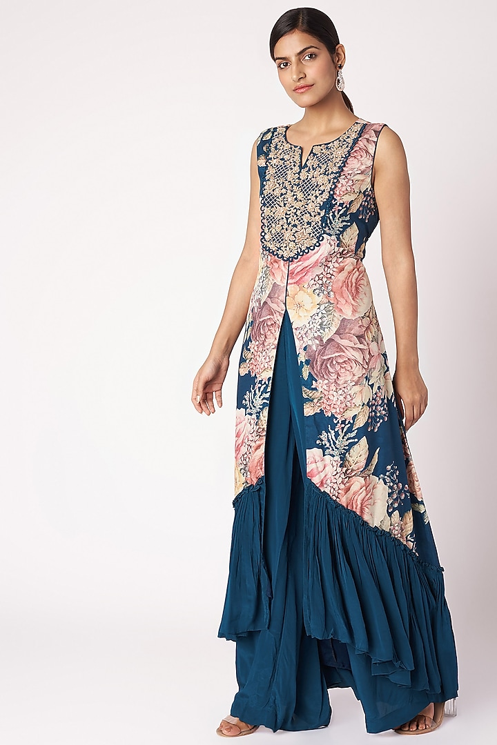 Navy Blue Embroidered & Printed Tunic With Palazzo Pants by Aayushi Maniar