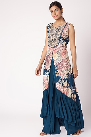 Navy Blue Embroidered & Printed Tunic With Palazzo Pants by Aayushi Maniar