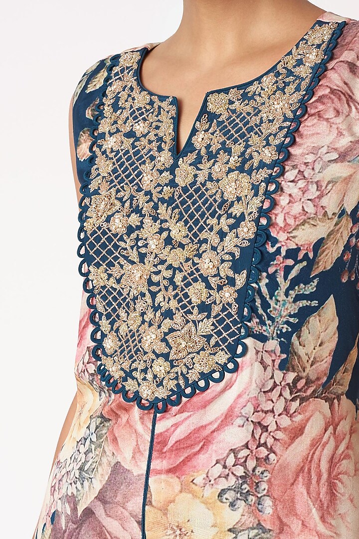Navy Blue Embroidered & Printed Tunic With Palazzo Pants by Aayushi Maniar at Pernia's Pop Up Shop