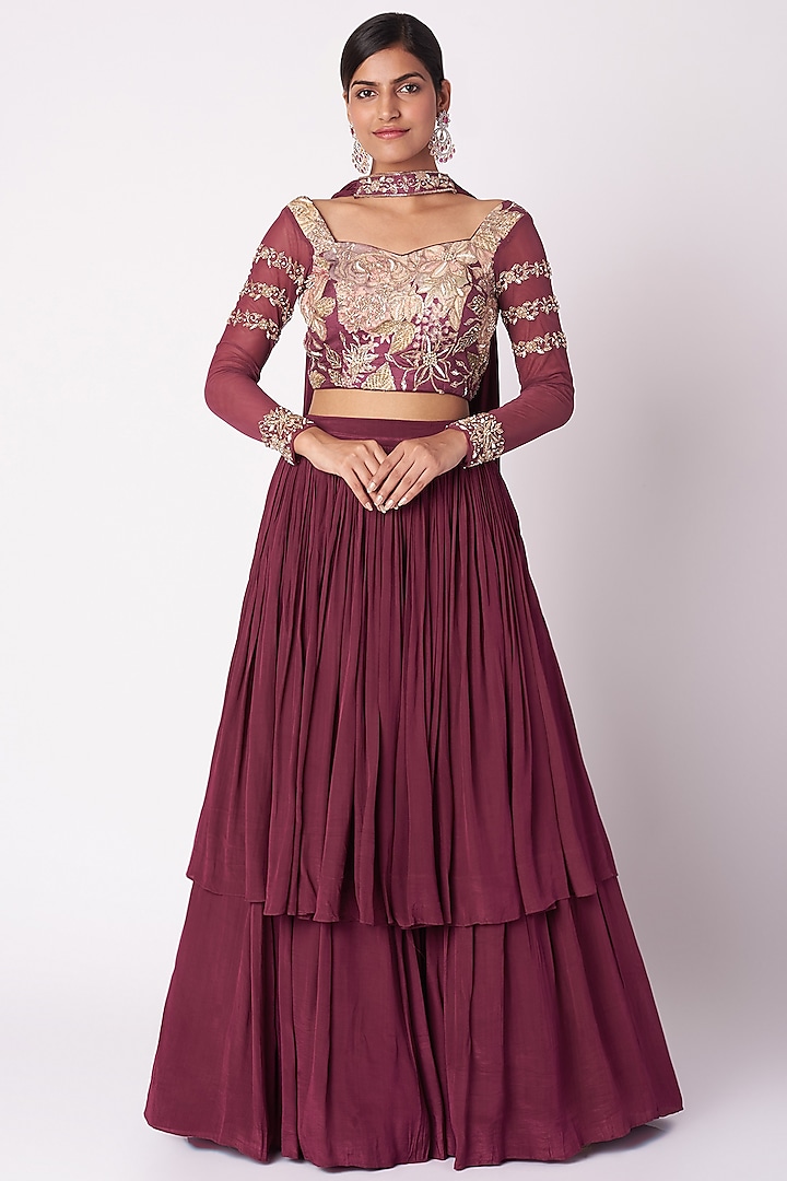 Wine Embroidered & Printed Skirt Set by Aayushi Maniar