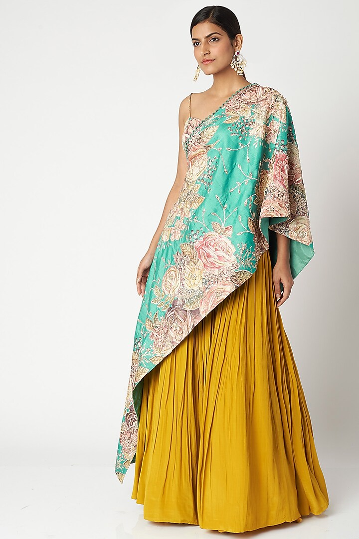 Aqua Blue & Mustard Yellow Embroidered Cape Set by Aayushi Maniar