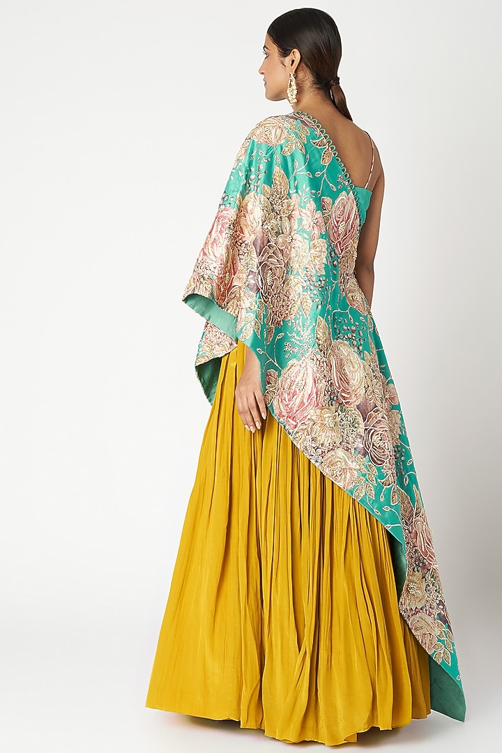 Aqua Blue & Mustard Yellow Embroidered Cape Set by Aayushi Maniar at Pernia's Pop Up Shop