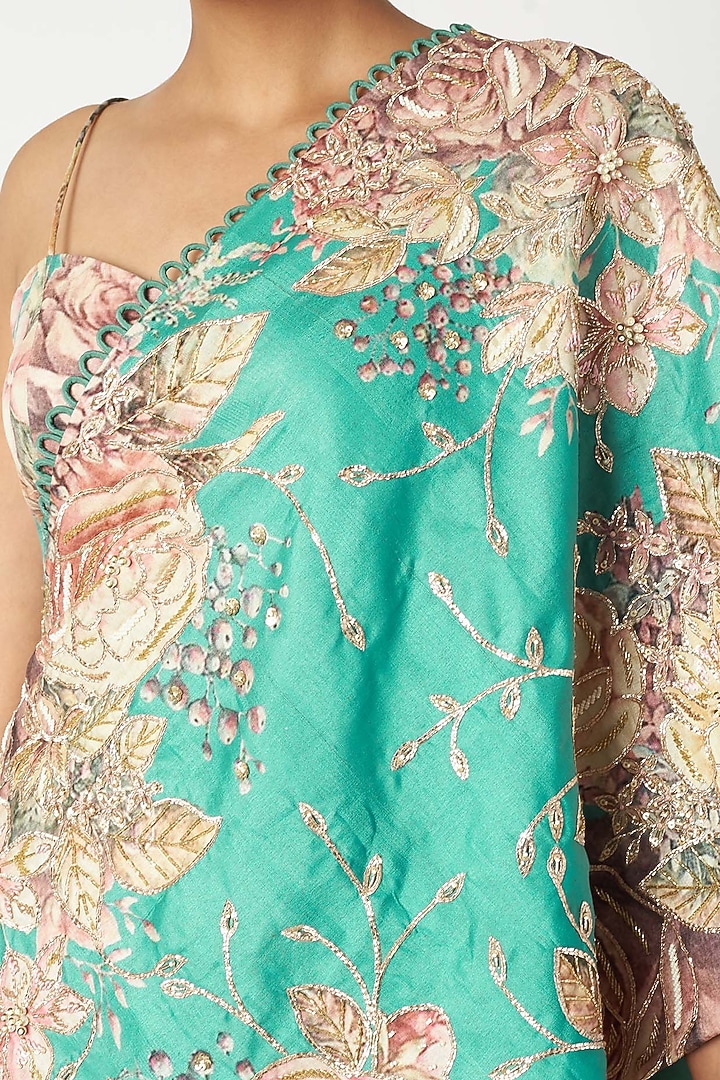 Aqua Blue & Mustard Yellow Embroidered Cape Set by Aayushi Maniar at Pernia's Pop Up Shop