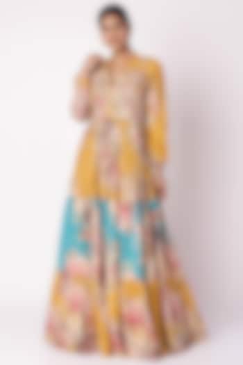 Mustard Yellow & Aqua Blue Embroidered Printed Gown by Aayushi Maniar