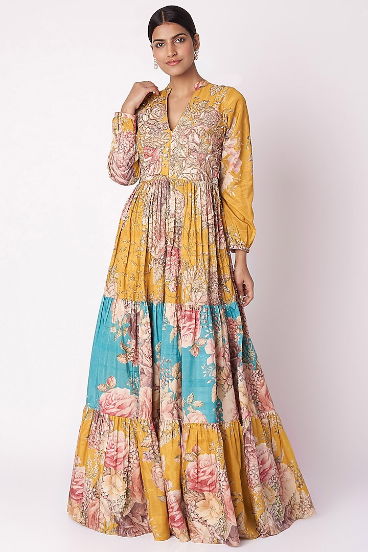 Mustard Yellow & Aqua Blue Embroidered Printed Gown by Aayushi Maniar
