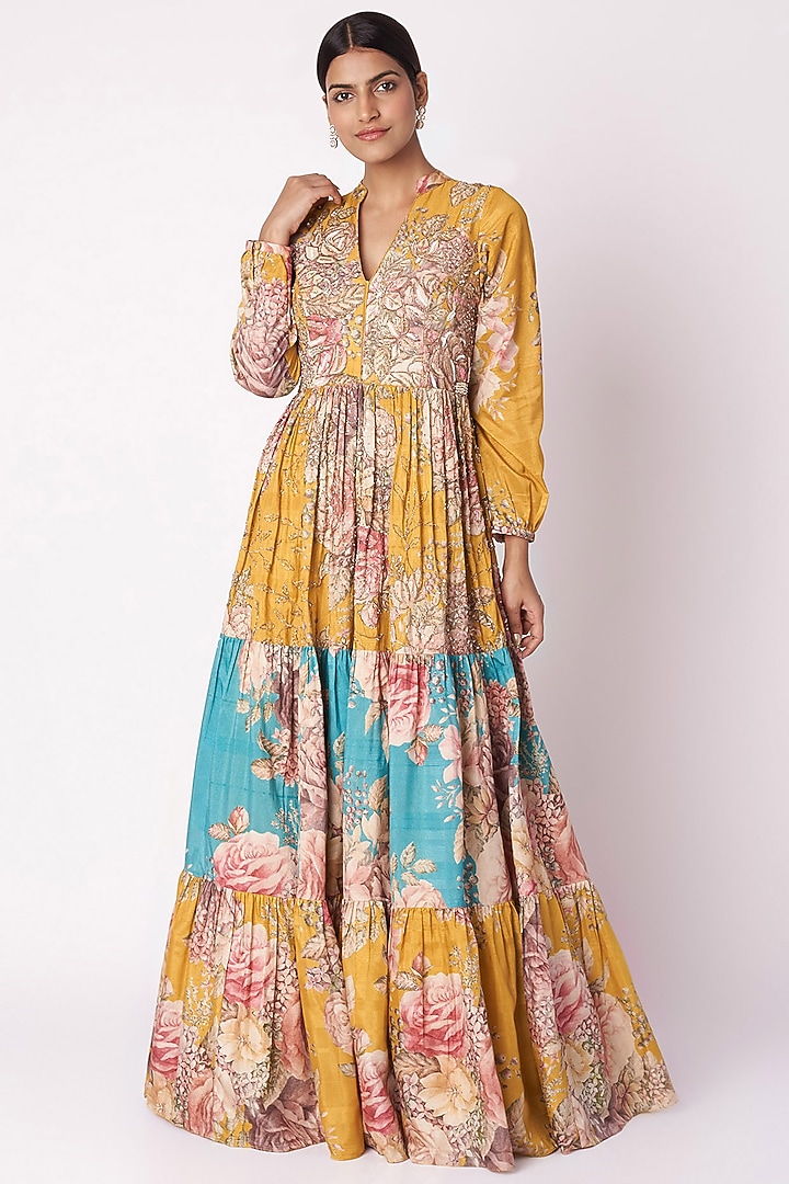 Mustard Yellow & Aqua Blue Embroidered Printed Engagement Gown by Aayushi Maniar at Pernia's Pop Up Shop
