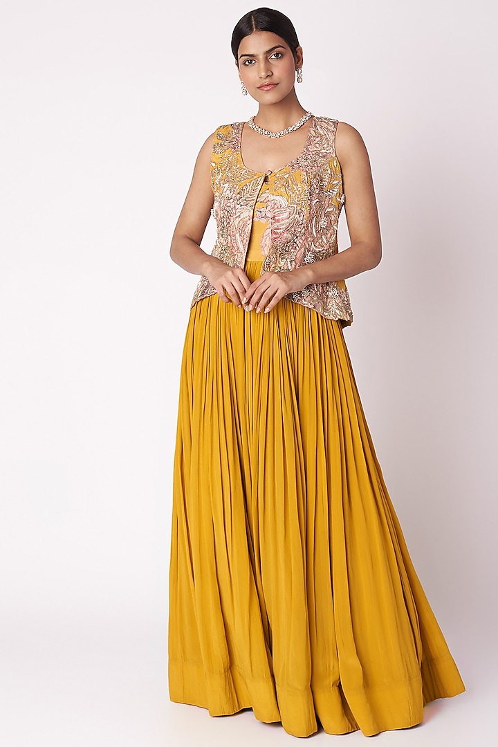 Mustard Yellow Embroidered & Printed Anarkali With Jacket by Aayushi Maniar