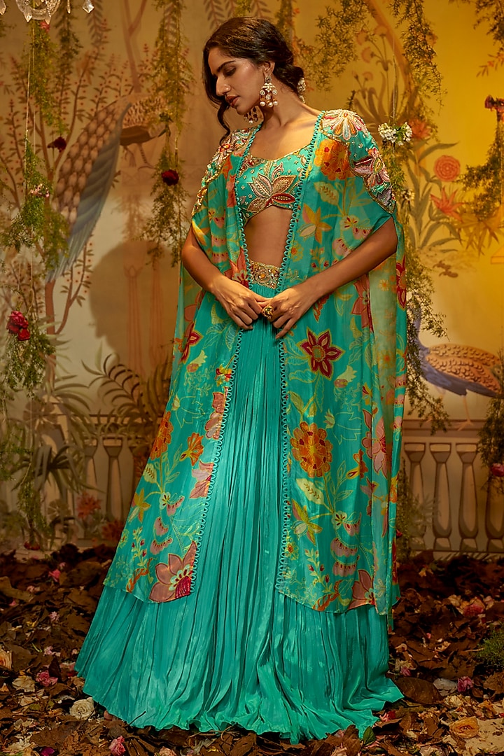 Aqua Crepe & Organza Hand Embroidered Jacket Wedding Lehenga Set by Aayushi Maniar at Pernia's Pop Up Shop