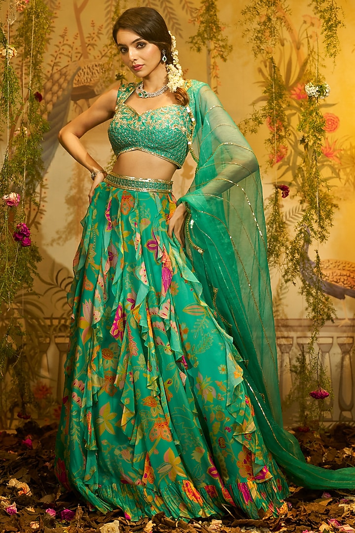 Aqua Organza Hand Embroidered & Printed Frilled Wedding Lehenga Set by Aayushi Maniar at Pernia's Pop Up Shop