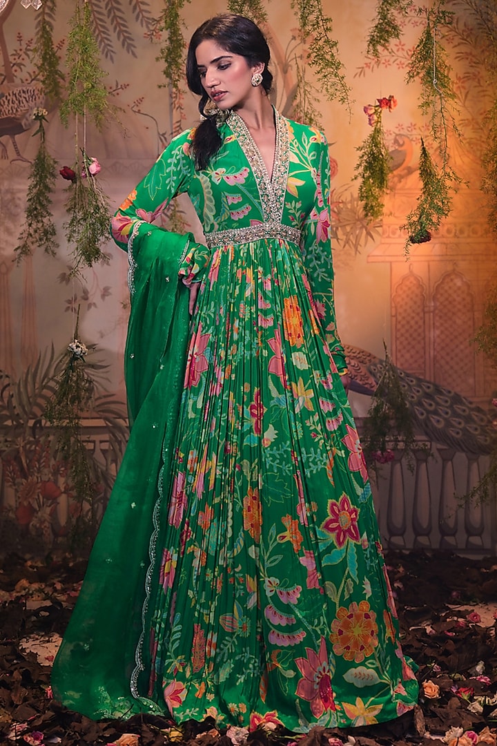 Green Crepe Silk Printed & Hand Embroidered Anarkali Set by Aayushi Maniar at Pernia's Pop Up Shop