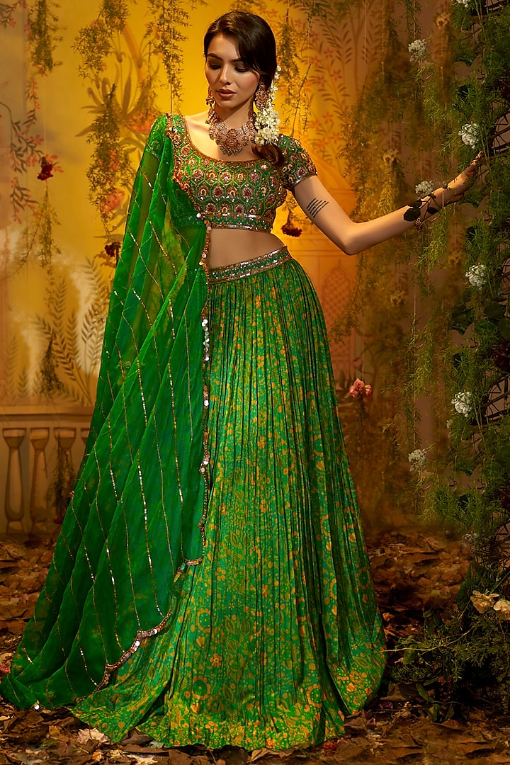 Green Habutai Silk Printed & Hand Embroidered Wedding Lehenga Set by Aayushi Maniar at Pernia's Pop Up Shop