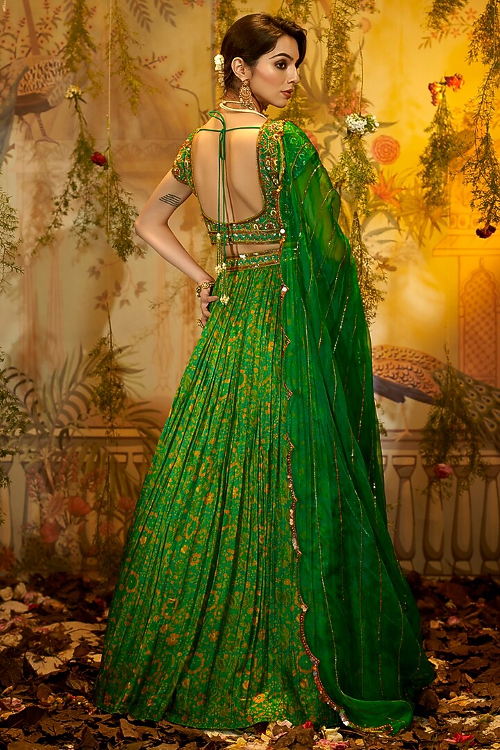 Green Habutai Silk Printed & Hand Embroidered Wedding Lehenga Set by Aayushi Maniar at Pernia's Pop Up Shop