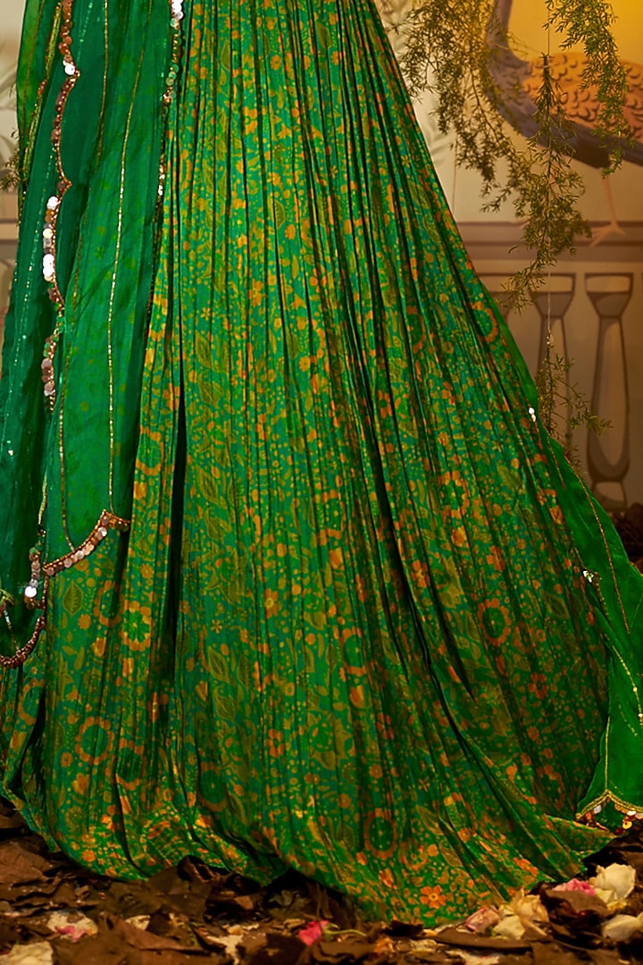 Green Habutai Silk Printed & Hand Embroidered Wedding Lehenga Set by Aayushi Maniar at Pernia's Pop Up Shop