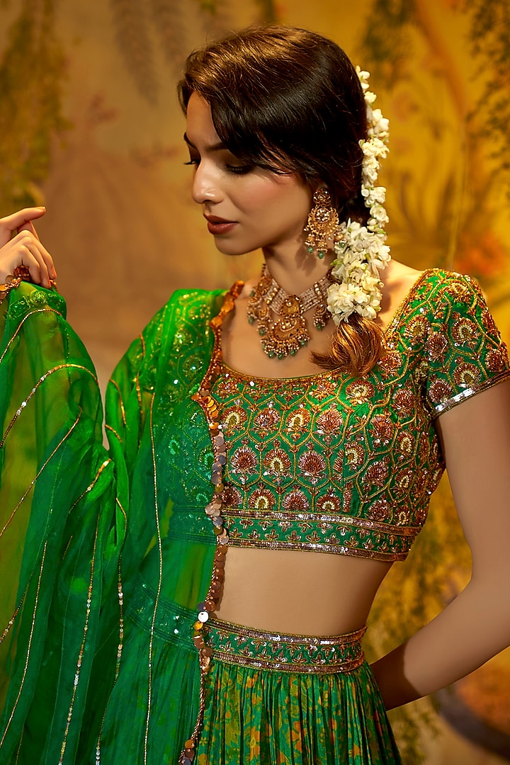 Green Habutai Silk Printed & Hand Embroidered Wedding Lehenga Set by Aayushi Maniar at Pernia's Pop Up Shop