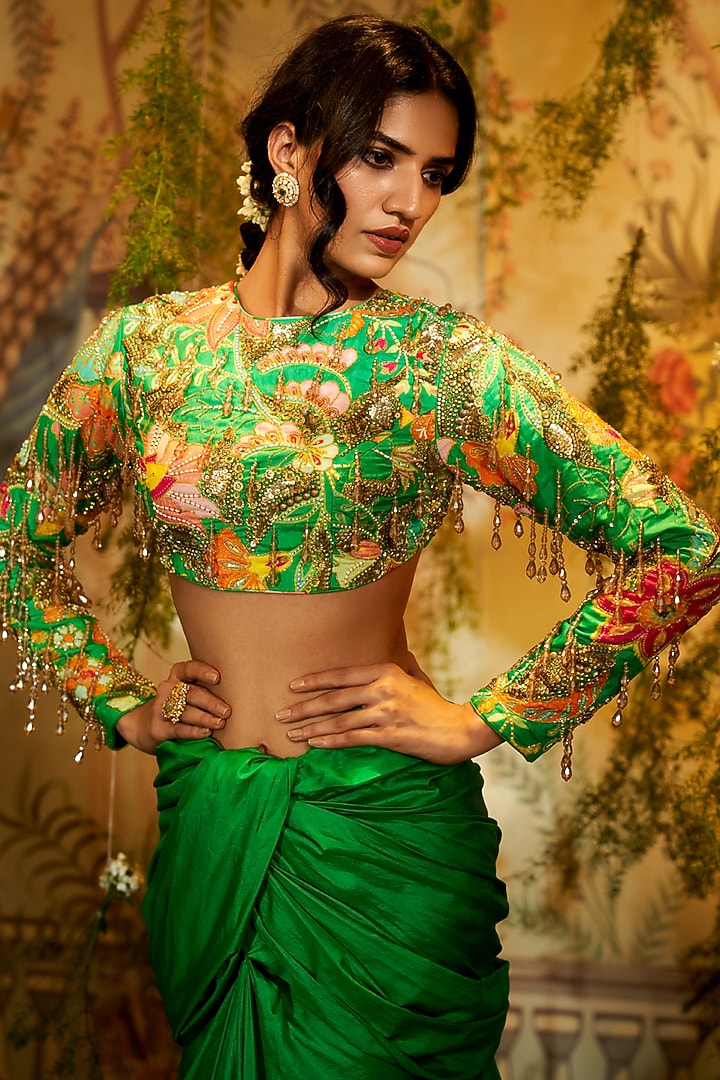 Green Pure Silk Draped Skirt Set by Aayushi Maniar at Pernia's Pop Up Shop