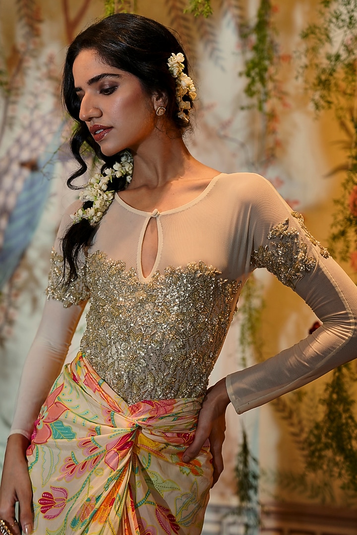 Ivory Crepe Silk Printed Skirt Set by Aayushi Maniar at Pernia's Pop Up Shop