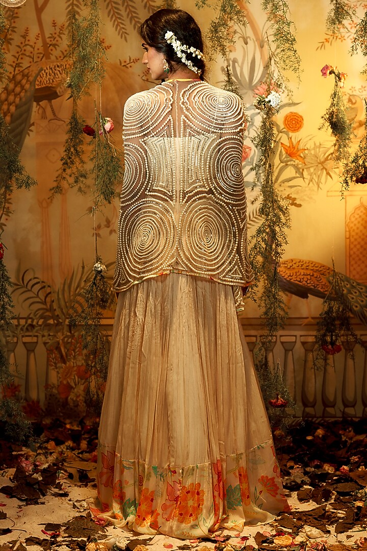 White Georgette Printed & Hand Embroidered Jacket Wedding Lehenga Set by Aayushi Maniar at Pernia's Pop Up Shop