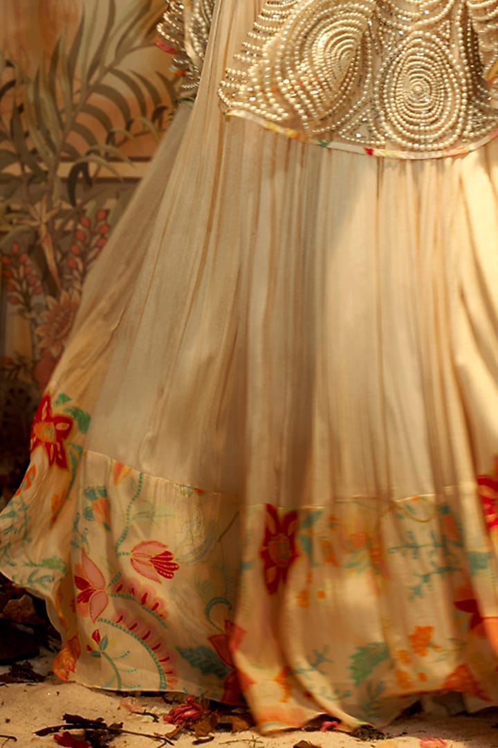 White Georgette Printed & Hand Embroidered Jacket Wedding Lehenga Set by Aayushi Maniar at Pernia's Pop Up Shop