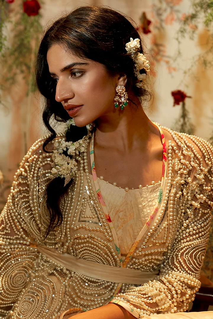 White Georgette Printed & Hand Embroidered Jacket Wedding Lehenga Set by Aayushi Maniar at Pernia's Pop Up Shop