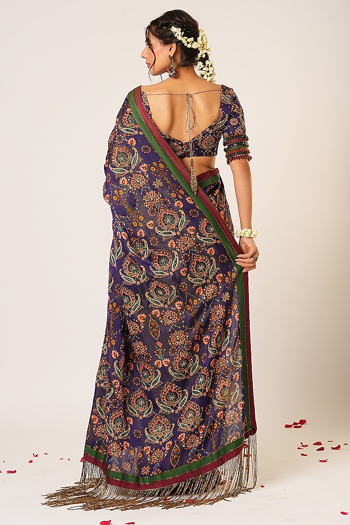 Multi-Colored Organza Tissue & Banarasi Hand Embroidered Reception Saree Set by Aayushi Maniar at Pernia's Pop Up Shop