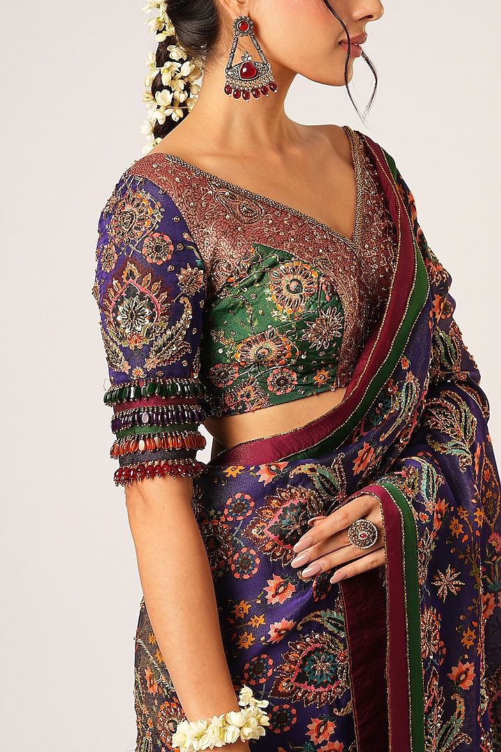 Multi-Colored Organza Tissue & Banarasi Hand Embroidered Reception Saree Set by Aayushi Maniar at Pernia's Pop Up Shop