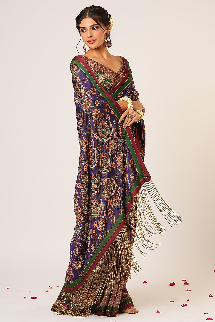 Multi-Colored Organza Tissue & Banarasi Hand Embroidered Reception Saree Set by Aayushi Maniar at Pernia's Pop Up Shop