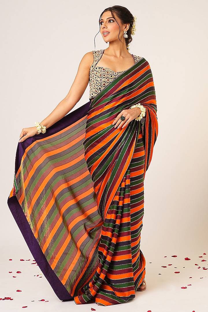 Multi-Colored Organza Tissue Hand Embroidered Saree Set by Aayushi Maniar at Pernia's Pop Up Shop