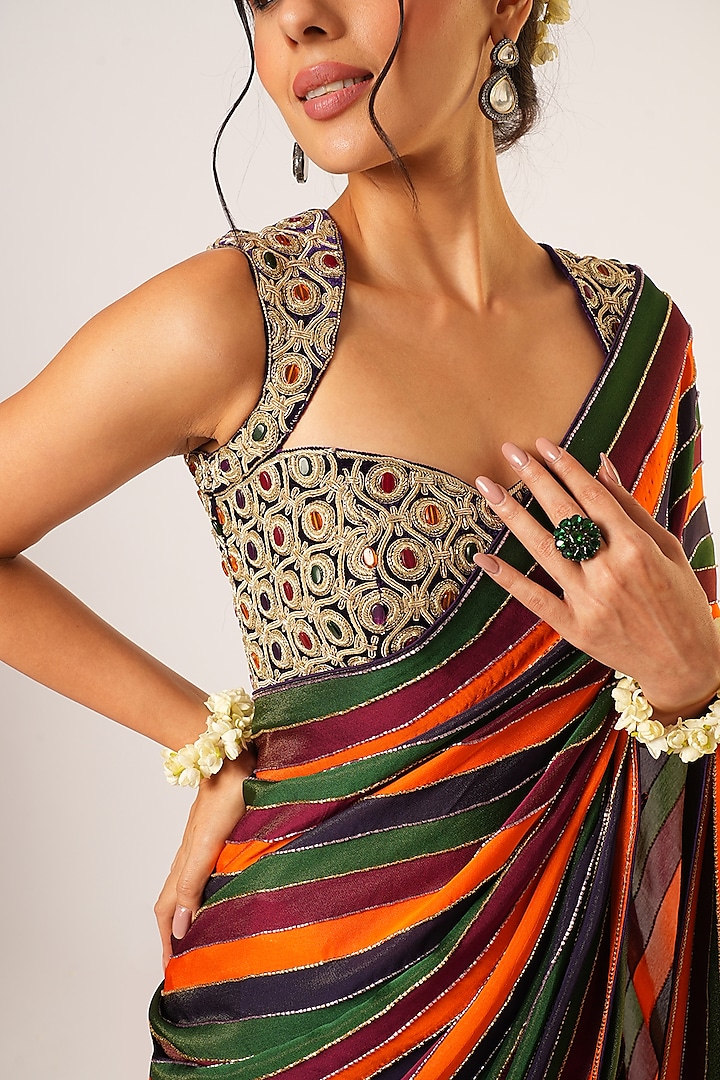 Multi-Colored Organza Tissue Hand Embroidered Reception Saree Set by Aayushi Maniar at Pernia's Pop Up Shop