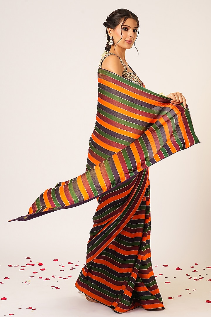 Multi-Colored Organza Tissue Hand Embroidered Reception Saree Set by Aayushi Maniar at Pernia's Pop Up Shop