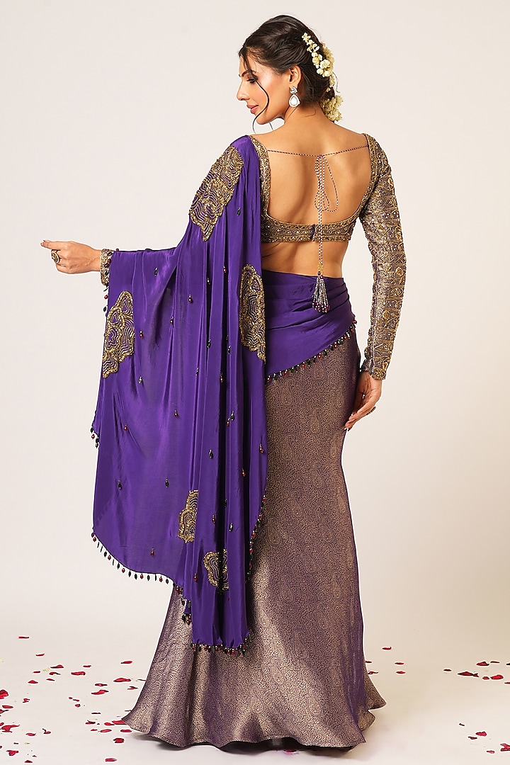 Purple Banarasi & Crepe Silk Hand Embroidered Pre-Draped Wedding Saree Set by Aayushi Maniar at Pernia's Pop Up Shop