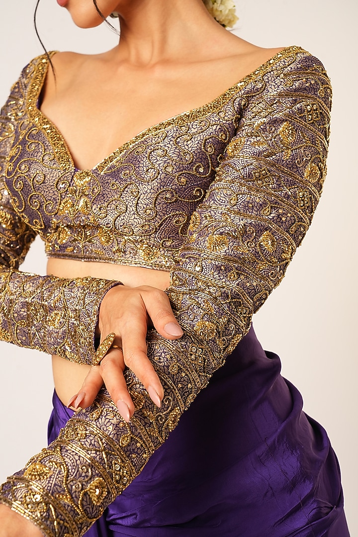 Purple Banarasi & Crepe Silk Hand Embroidered Pre-Draped Wedding Saree Set by Aayushi Maniar at Pernia's Pop Up Shop