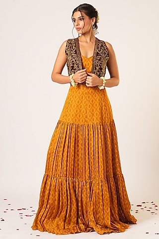 Deep Maroon & Mustard Velvet Hand Embroidered Jacket Anarkali Set by Aayushi Maniar