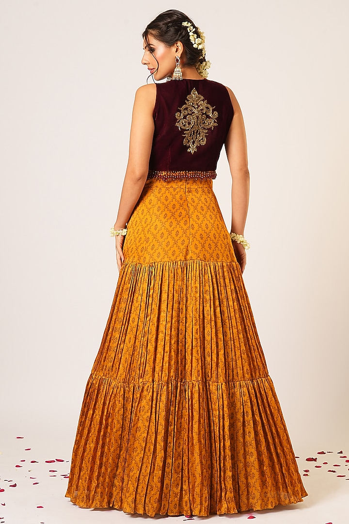 Deep Maroon & Mustard Velvet Hand Embroidered Jacket Wedding Anarkali Set by Aayushi Maniar at Pernia's Pop Up Shop