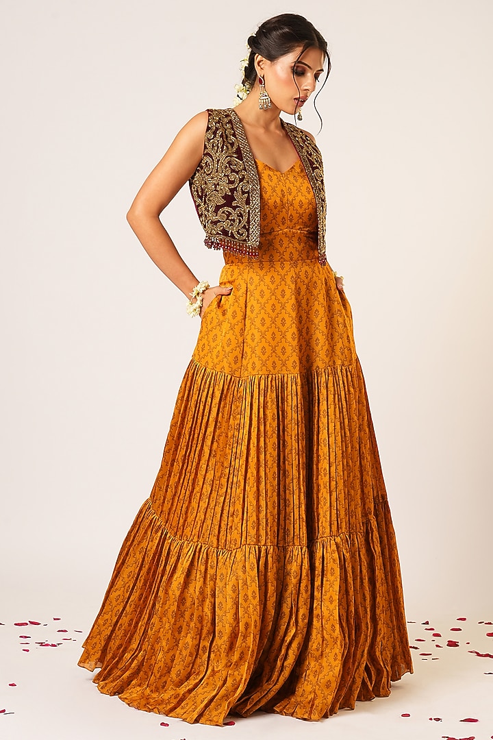Deep Maroon & Mustard Velvet Hand Embroidered Jacket Wedding Anarkali Set by Aayushi Maniar at Pernia's Pop Up Shop