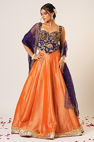 Orange Organza Tissue & Banarasi Lehenga Set by Aayushi Maniar