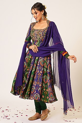 Multi-Colored Organza Tissue Hand Embroidered Anarkali Set by Aayushi Maniar