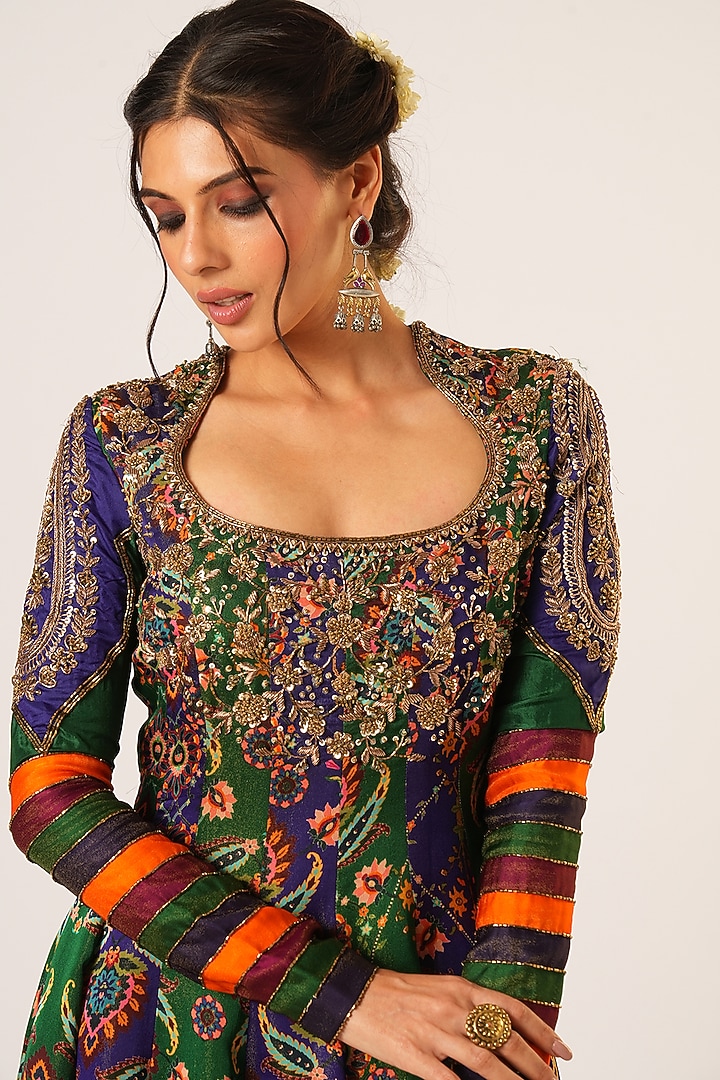 Multi-Colored Organza Tissue Hand Embroidered Wedding Anarkali Set by Aayushi Maniar at Pernia's Pop Up Shop