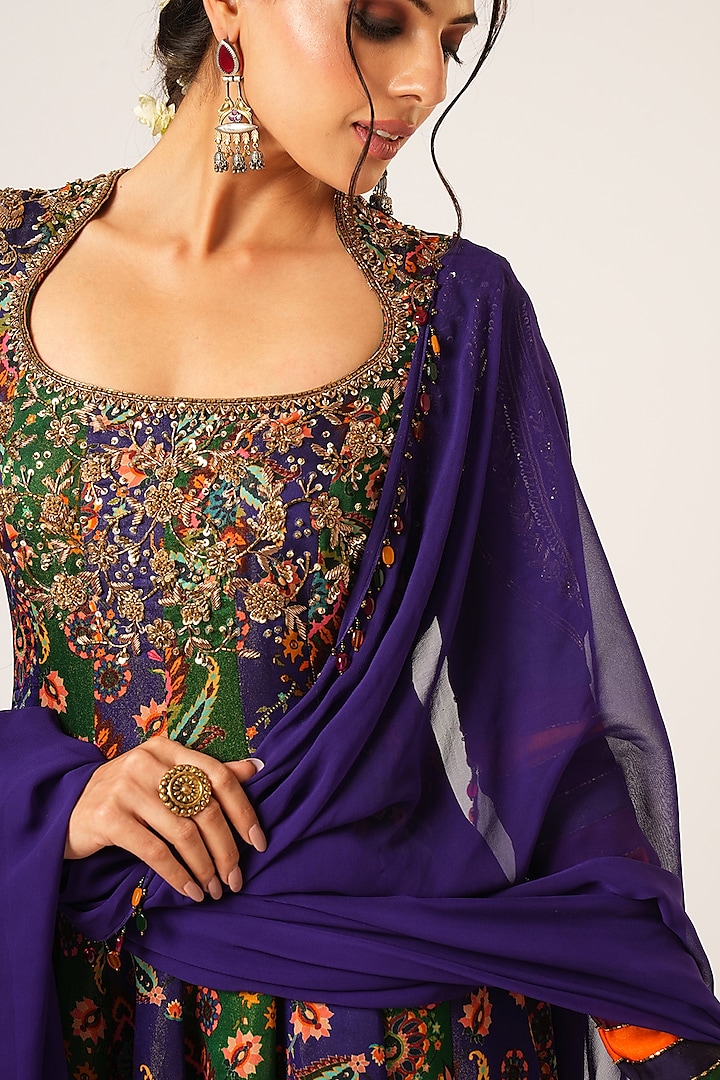 Multi-Colored Organza Tissue Hand Embroidered Wedding Anarkali Set by Aayushi Maniar at Pernia's Pop Up Shop