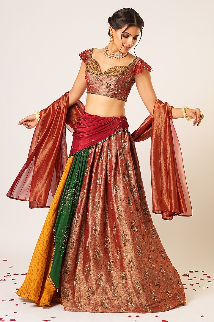 Multi-Colored Organza Tissue & Crepe Silk Hand Embroidered Wedding Lehenga Set by Aayushi Maniar at Pernia's Pop Up Shop