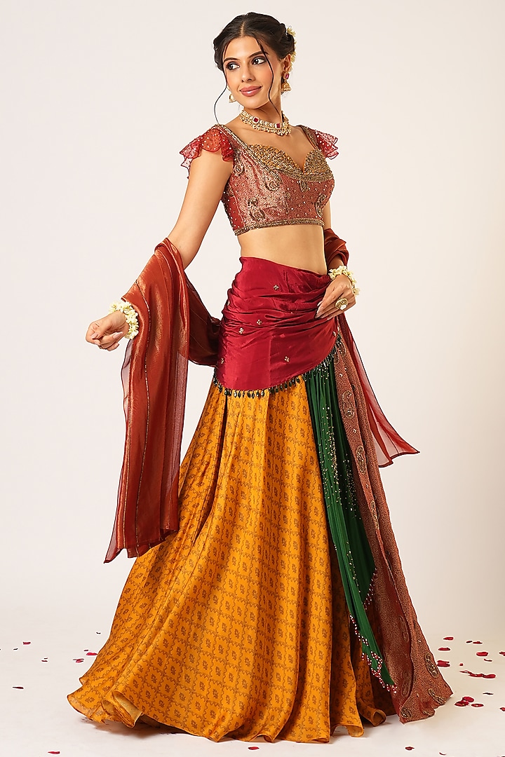 Multi-Colored Organza Tissue & Crepe Silk Hand Embroidered Wedding Lehenga Set by Aayushi Maniar at Pernia's Pop Up Shop