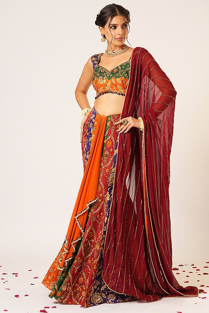 Multi-Colored Organza Tissue & Georgette Hand Embroidered Wedding Lehenga Set by Aayushi Maniar at Pernia's Pop Up Shop