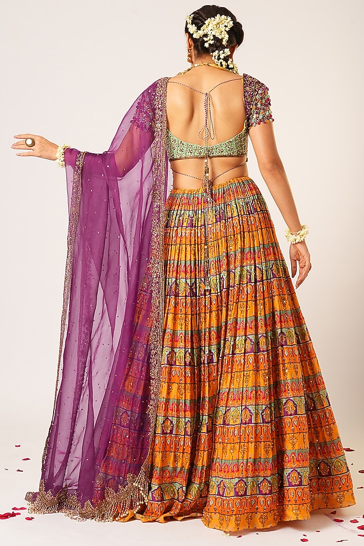 Multi-Colored Organza Tissue & Organza Hand Embroidered Bridal Lehenga Set by Aayushi Maniar at Pernia's Pop Up Shop