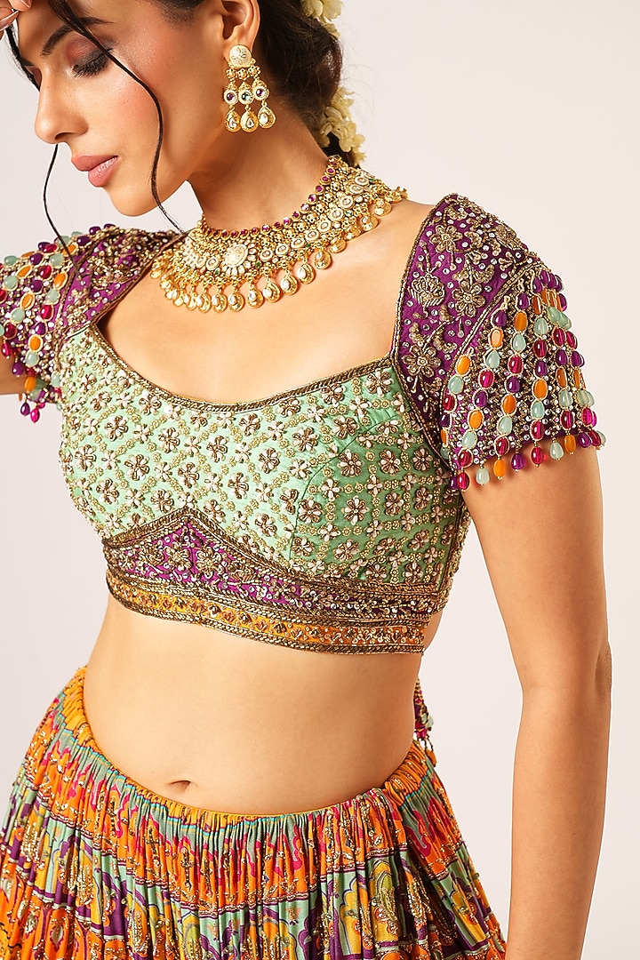 Multi-Colored Organza Tissue & Organza Hand Embroidered Bridal Lehenga Set by Aayushi Maniar at Pernia's Pop Up Shop