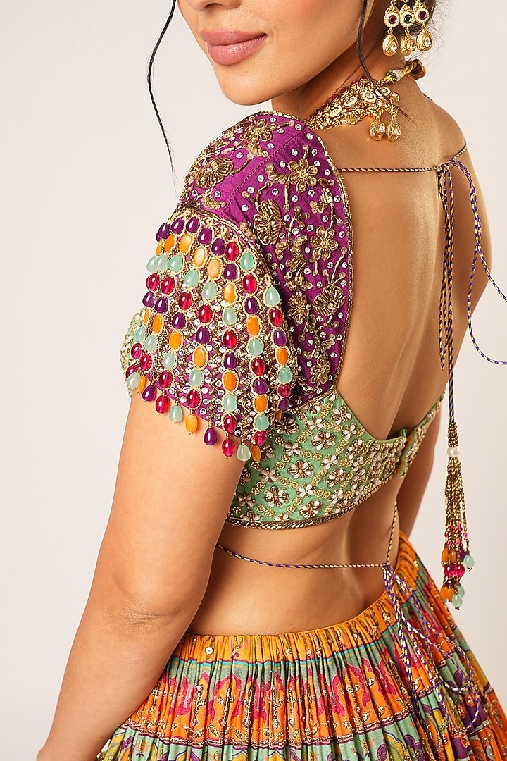 Multi-Colored Organza Tissue & Organza Hand Embroidered Bridal Lehenga Set by Aayushi Maniar at Pernia's Pop Up Shop