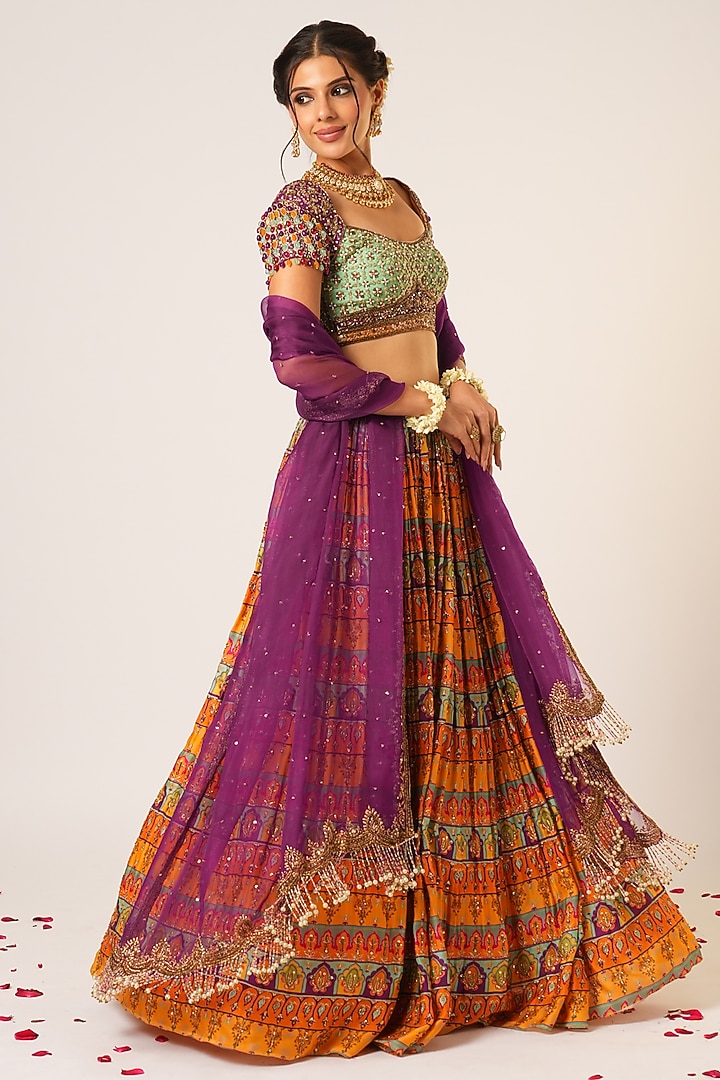 Multi-Colored Organza Tissue & Organza Hand Embroidered Bridal Lehenga Set by Aayushi Maniar at Pernia's Pop Up Shop