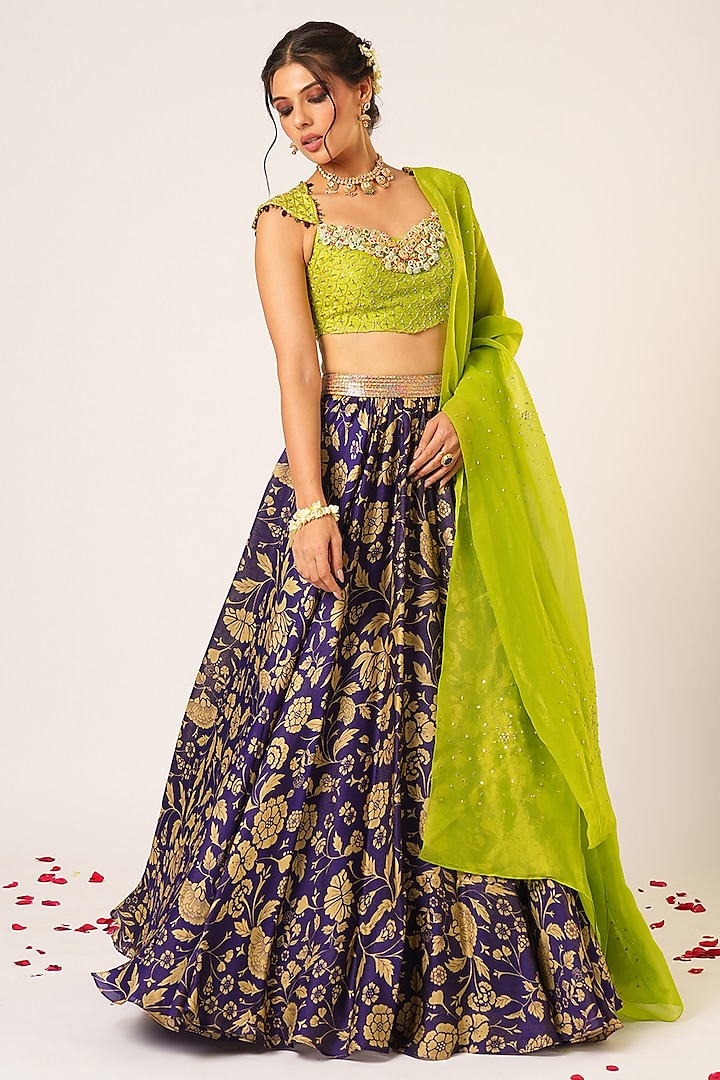 Purple Organza Tissue Hand Embroidered Wedding Lehenga Set by Aayushi Maniar at Pernia's Pop Up Shop