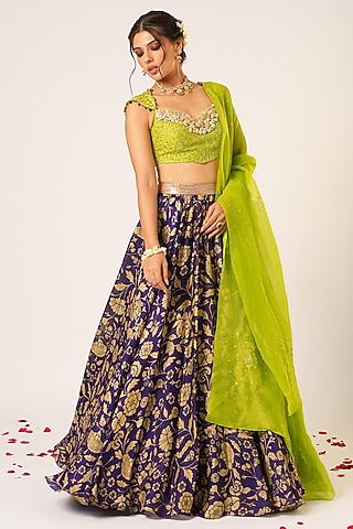 Purple Organza Tissue Hand Embroidered Lehenga Set by Aayushi Maniar