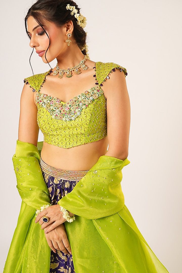 Purple Organza Tissue Hand Embroidered Wedding Lehenga Set by Aayushi Maniar at Pernia's Pop Up Shop