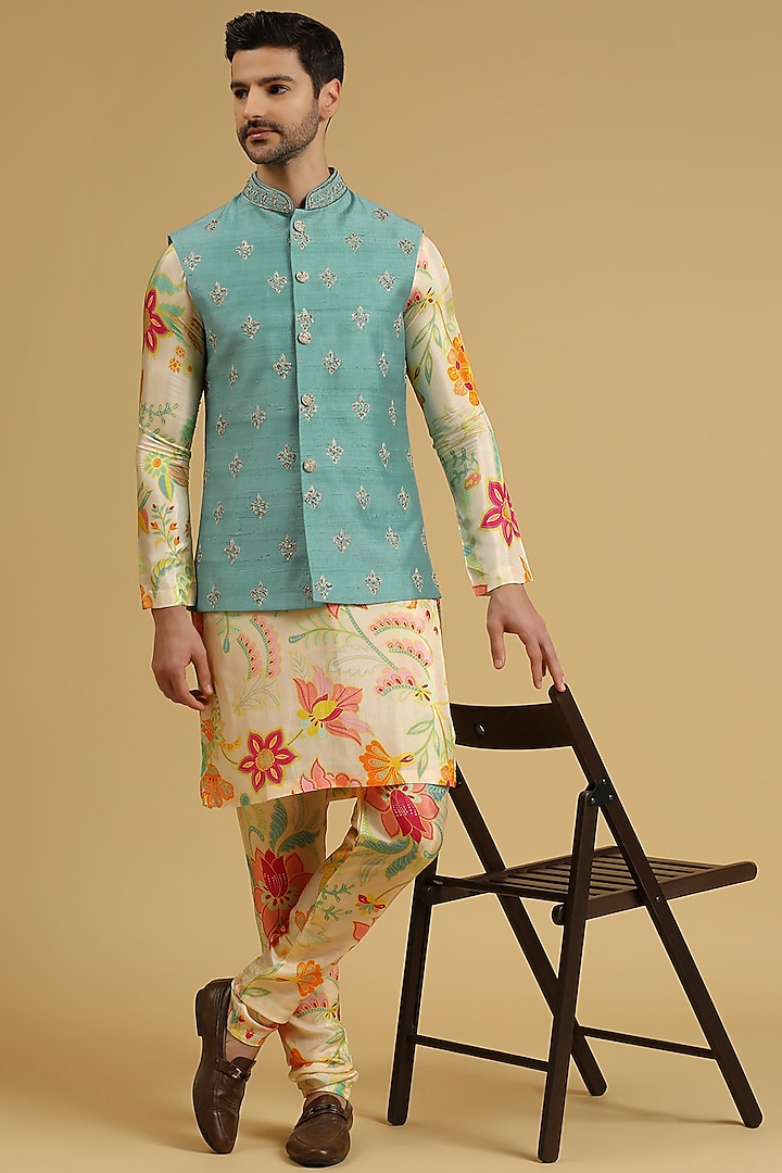Aqua Raw Silk Hand Embroidered Bundi Jacket Set by Ayushi Maniar Men