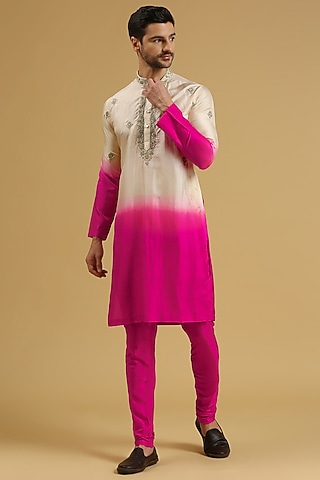 Ombre Pink Silk Hand Embroidered Kurta Set by Ayushi Maniar Men